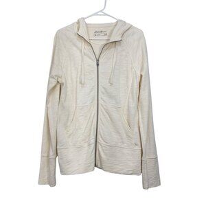 Eddie Bauer Womens SZ M Cream-Ivory Full Zip Hoodie Sweater Reglan Long Sleeve
